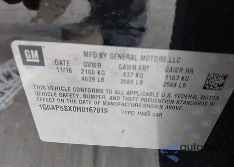 2017 Cadillac Cts Standard z USA, uszkodzony, nr VIN 1G6AP5SX0H0167819